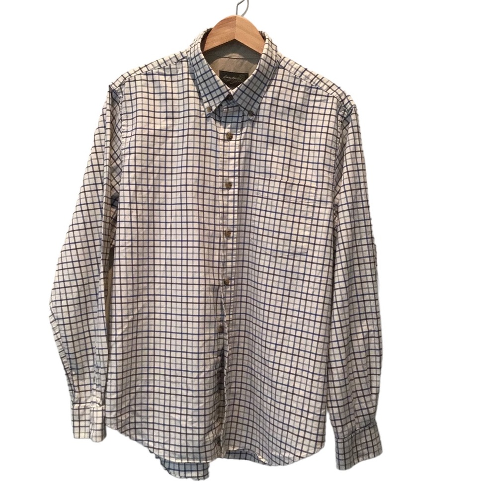 Eddie Bauer Men’s Button-down Casual Shirt, Windowpane Check, Cream/Blue, Size L
